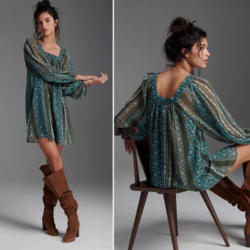 Anthropologie Teal and Olive Floral Long Sleeve Mini Dress